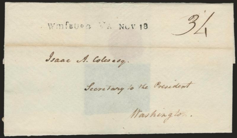 Williamsburg Va.> Seven used from 1806-08 and each with same Wmsburg Va. straightline handstamp, destinations incl. New London, Washington, Warminster and Richmond, ms. rates incl. 10, 17, and 34, some slight
wear, overall Very Fine