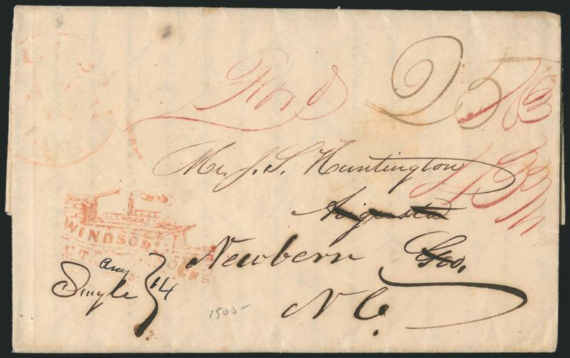 Windsor Locks Ct. Aug. 14> Clear strike of red handstamp with date in ms., magenta ms. Paid and ms. 25 rate on 1843 folded letter to Augusta Geo. and <forwarded> to Newbern NC., light strike of red Augusta
circular datestamp and with magenta ms. r