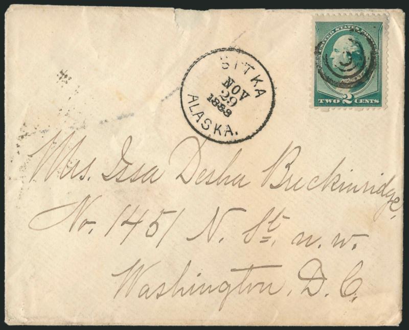 2c Green (213).> Cancelled by target, bold <Sitka, Alaska Nov. 29, 1888> circular datestamp on cover to Washington D.C., receiving backstamp, some slight edgewear, Very Fine