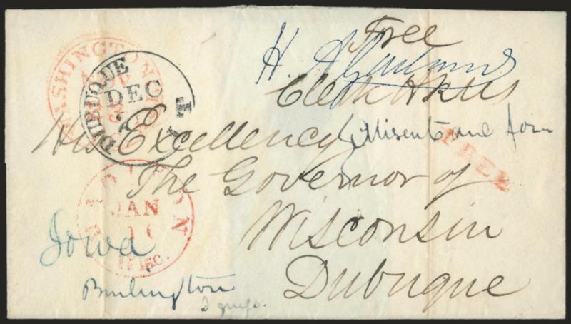 Dubuque I. T., Dec. 20.> Neat strike of circular datestamp applied on arrival to <missent and forwarded> folded cover to the Governor in Dubuque, red Washington D.C. Nov. 23 origin datestamp and red Madison
Wis. Jan. 10 circular datestamp (where
