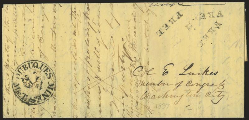 Dubuques Mines Mic. T. Jan. 25.> Bold strike of circular datestamp on 1837 yellow folded letter to a member of Congress in Washington, three strikes of Free handstamp, fresh and Very Fine, scarce cover from
Michigan Territory before Iowa was organi