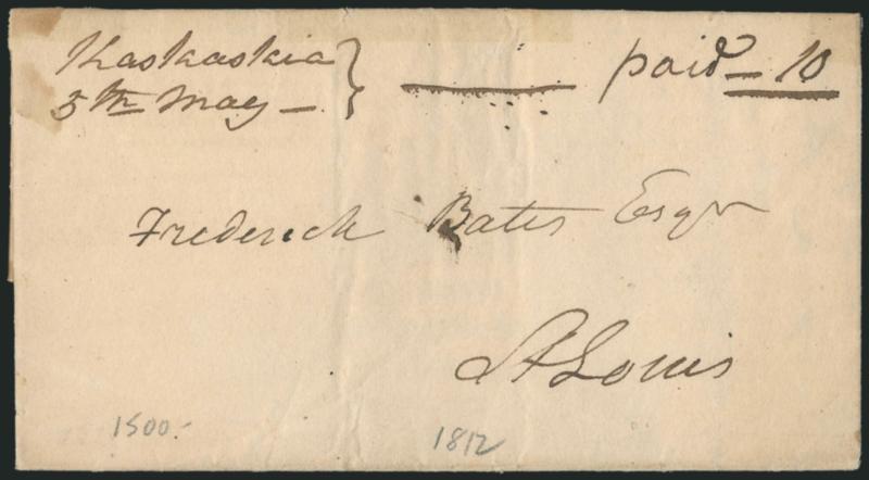 Kaskasia 5th May.> Ms. pmk. with matching Paid 10 on 1812 folded letter datelined <<St. Genevieve May 4th 1812>> to St. Louis, minor edgewear, Very Fine, scarce Illinois territorial usage