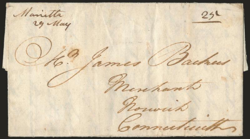Marietta 29 May.> Ms. pmk. with matching 25 rate on 1800 folded letter to Norwich Conn., some slight wear, Very Fine, scarce Northwest Territory marking