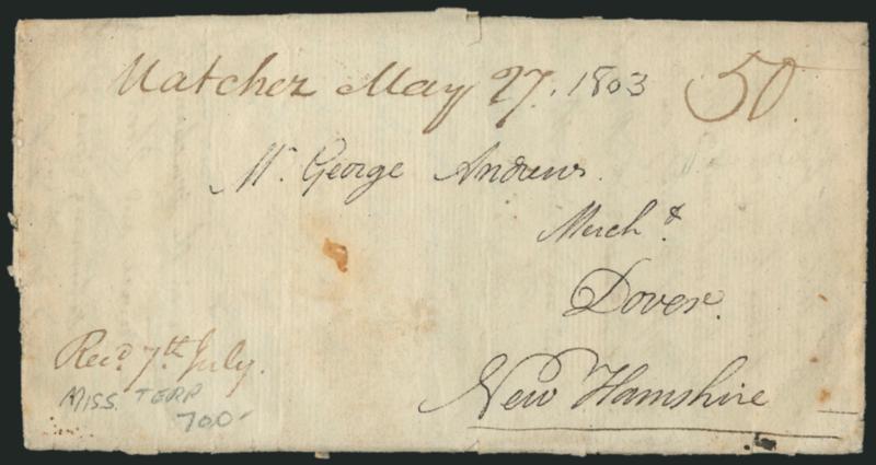 Natchez May 27, 1803.> Ms. pmk. with matching 50 rate on folded letter to Dover N.H., minor splitting along folds, Very Fine example of this Mississippi territorial marking