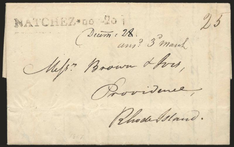 NATCHEZ * no. 20.> Clear strike of straightline datestamp with ms. 25 rate on 1807 folded letter to Providence R.I., faint vertical file folds, Very Fine strike of this Mississippi territorial
marking