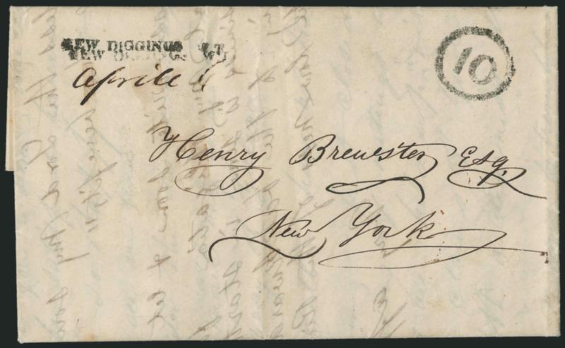 NEW DIGGINGS W. T. April 4.> Straightline handstamp struck twice with date in ms. on 1846 folded letter to New York, matching 10 in circle handstamp, fresh and Very Fine Wisconsin territorial marking
