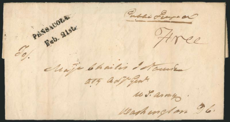 PENSACOLAFeb. 21st.> Bold strike of two-line handstamp on 1823 folded letter to Washington D.C., endorsed <<Public Service>> and also <<Free>>, fresh and Very Fine territorial period use