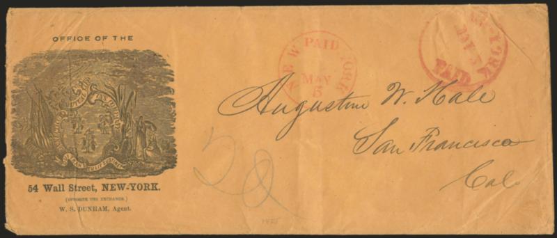 New York to San Francisco.> Legal-size cover with two different styles of red New York Paid May 5 circular datestamp to San Francisco, with <Connecticut Mutual Life Insurance Co. illustrated corner card,>
pencil 20 rate, light wear, Very Fine, at
