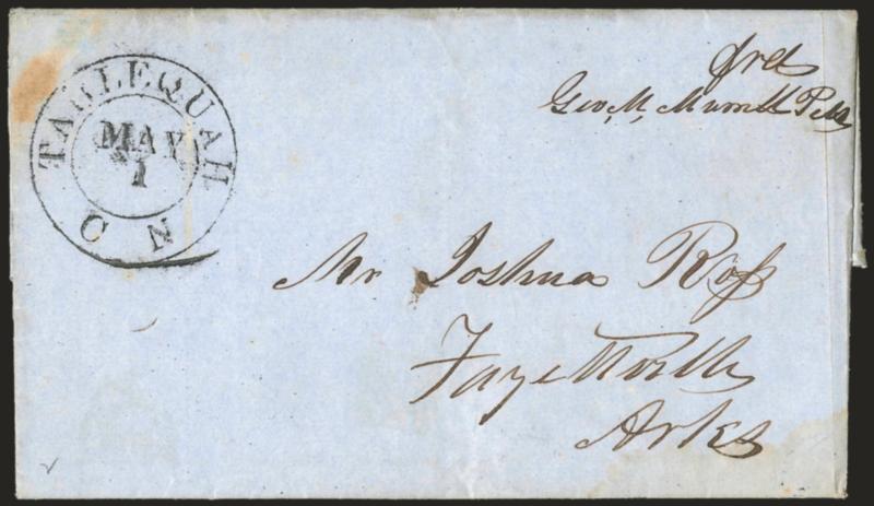 Tahlequah C. N. May 1 (Cherokee Nation).> Bold strike of double-circle datestamp with postmasters free frank on blue 1850 folded letter to Fayetteville Ark., some slight soiling, Very Fine