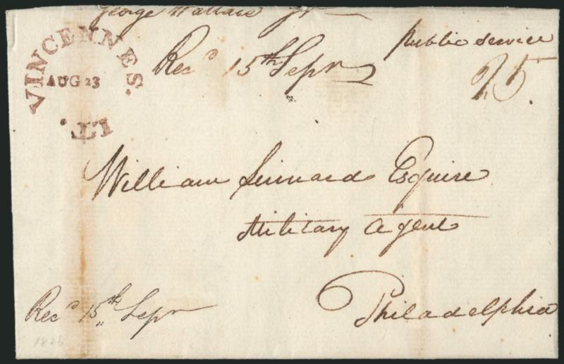 Vincennes I. T., Aug. 23.> Clear strike of rimless circular datestamp on 1806 folded letter to Philadelphia, endorsed <<Public Service>> and with 25 rate, light vertical file folds, Very Fine strike of this
Indian Territory marking