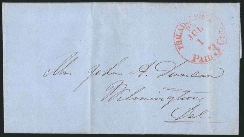 July 1, 1851 Stampless Covers.> Four folded letters and one cover, each with <Jul 1 (1851)> circular datestamp, one with Paid 3 cts. integral rate, one Paid 3 two-line handstamp, one 5cts. (due) integral rate,
one 10 (due) handstamp from Sa