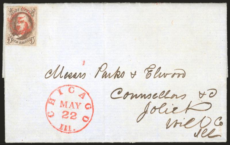 5c Red Brown (1).> Full to large margins, cancelled by <vivid red 5 in serrated oval,> perfectly struck matching red Chicago Ill. May 22 circular datestamp on blue 1851 folded letter to Joliet Ill., attorneys
printed corner card inside folded le