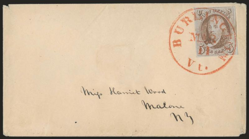 5c Red Brown (1).> Large margins to clear, tied by red Burlington Vt. Mar. 11 circular datestamp on cover to Malone N.Y., fresh and Very Fine, a pretty cover
