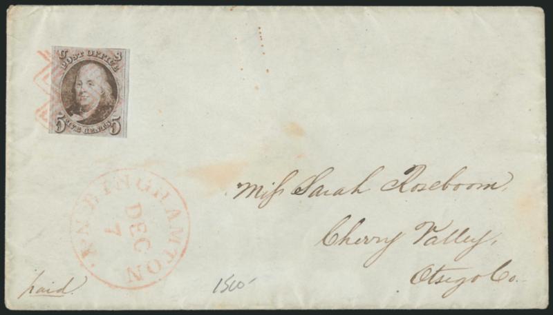 5c Red Brown (1).> Large margins at sides, in at top and bottom, tied by red <herringbone fancy cancel,> matching Binghamton N.Y. Dec. 7 circular datestamp on cover to Cherry Valley N.Y., some slight overall
soiling, Fine strike of this scarce and