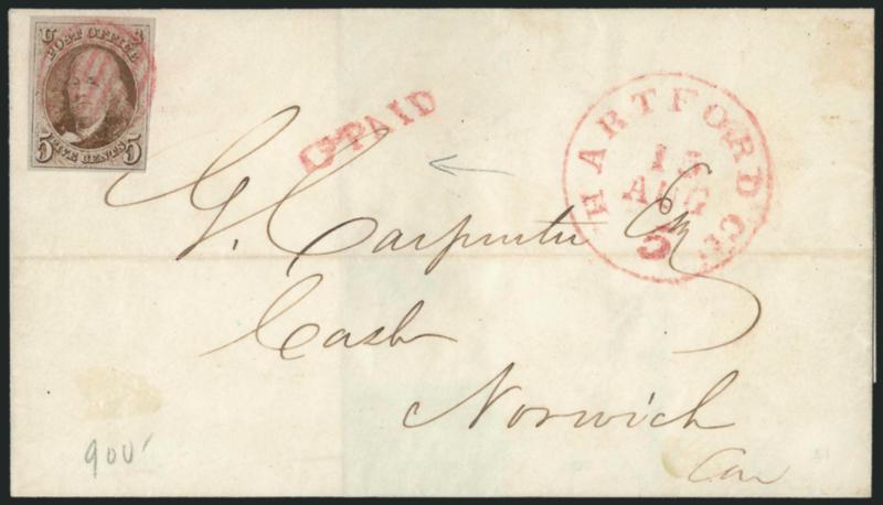 5c Red Brown (1).> Large margins to clear, tied by <magenta> grid, matching Hartford Ct. 5 Aug. 15 integral-rate circular datestamp and <Paid with pointing hand> on 1849 folded cover to Norwich Conn., file fold
well clear of stamp, Very Fine