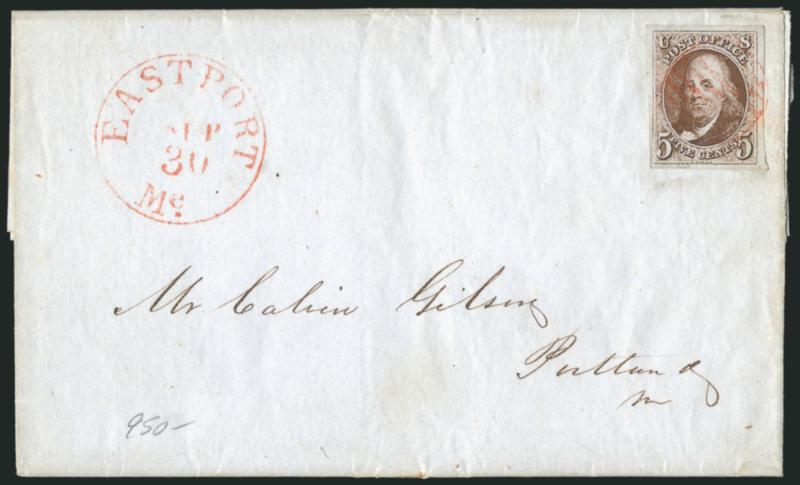 5c Red Brown (1).> Large margins all around, deep rich color, tied by red grid, matching Eastport Me. Sep. 30 circular datestamp on blue 1847 folded letter to Portland Me., fresh and Very Fine