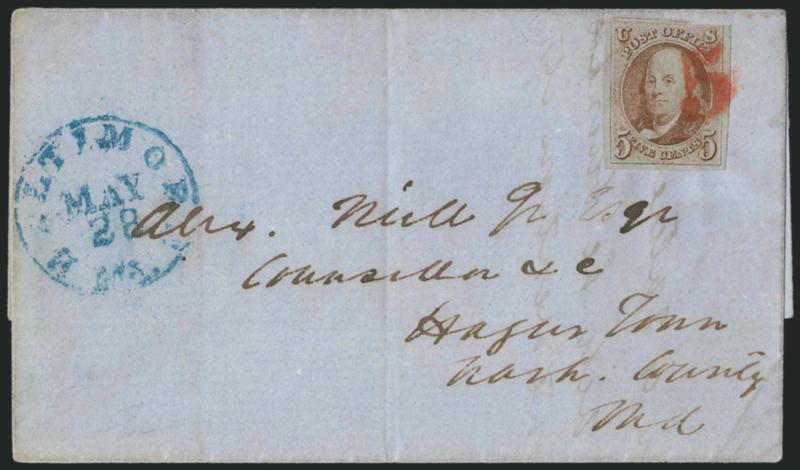 5c Red Brown (1).> Pale shade, three large margins, in at top where cut, tied by red <numeral 5> handstamp, blue Baltimore Md. May 28 circular datestamp on blue 1850 folded cover to Hagerstown Md., vertical
file fold, Fine