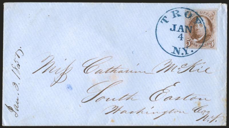 5c Red Brown (1).> Large to ample margins, radiant color, tied by well-struck <blue> Troy N.Y. Jan. 4 circular datestamp on blue cover to South Easton N.Y., fresh and Extremely Fine
