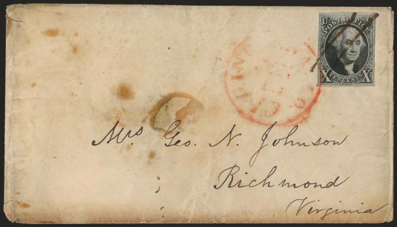 10c Black, Short Transfer at Top (2 var).> Full margins to just clear, tied by two parallel penstrokes and also by red Cincinnati O. Jan. 15 circular datestamp on cover to Richmond Va., cover with some wear and
staining and small repair at center,