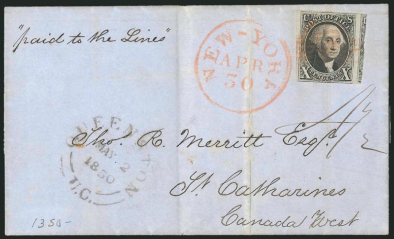 10c Black (2).> Huge margins to just touched incl. significant portion of adjoining stamp at right, tied by red square grid, matching New-York Apr. 30 circular datestamp on blue 1850 folded cover <to St.
Catharines, Canada West,> ms <<Paid to the