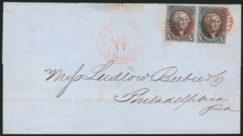 10c Black (2).> Horizontal pair, clear margins to in, tied by well-struck red grids, matching <U.S. Express Mail, Boston Mass. Aug. 17> route agents circular datestamp on blue folded cover to Philadelphia,
trivial edgewear, Fine