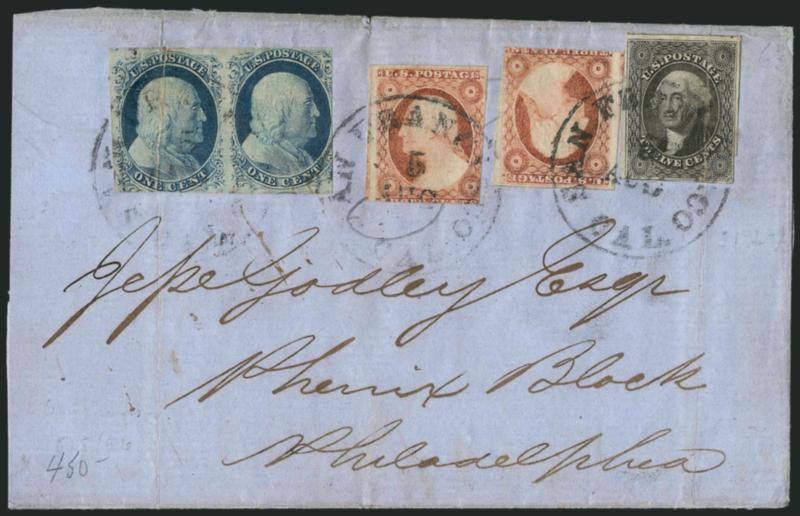 12c Black (17).> Used with horizontal pair of 1c Blue, Ty. IV (9) and two 3c Dull Red, Ty. I (11), tied by San Francisco Cal. Aug. 5 circular datestamp on blue 1856 folded cover to Philadelphia, vertical file
fold affects left 1c and 12c stamps, so