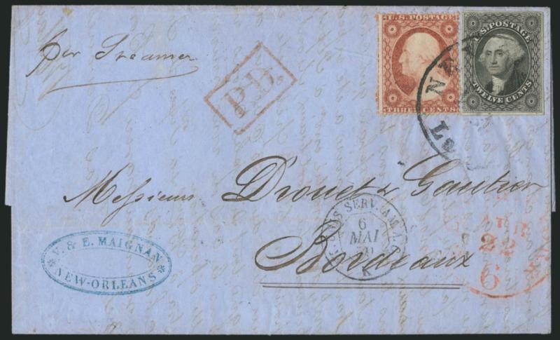 12c Black (17).> Large margins to full, <used with 3c Rose, Ty. I (25)> and tied by New Orleans La. circular datestamp on blue 1859 folded letter <to Bordeaux, France,> red New York Paid 6 Apr. 22 credit
datestamp, appropriate transits, light hor