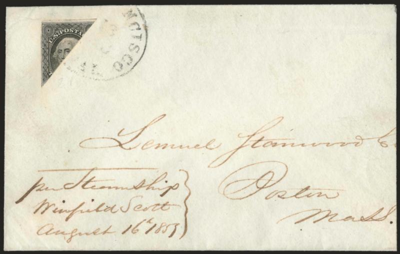 12c Black, Diagonal Half Used as 6c (17a).> Top left diagonal half, large margins to clear, tied across the cut by light strike of San Francisco Cal. 16 Aug. circular datestamp on cover to Boston, endorsed
<<pr. Steamship Winfield Scott August 1