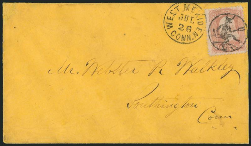 3c Rose (65).> Tied by well-struck <Devil & Pitchfork fancy cancel> and West Meriden Conn. Jul. 26 (1866) circular datestamp on orange cover to Southington Conn., cover with top corners repaired not affecting
stamp or cancel, Extremely Fine strike