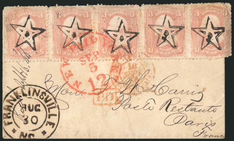 3c Rose (65).> Horizontal strip of five, each stamp cancelled by well-struck <Dot in Outline Star fancy cancel> in brownish ink, matching Franklinsville N.C. Aug. 30 circular datestamp on cover <to Paris,
France,> red New York Paid 12 Sep. 5 cred