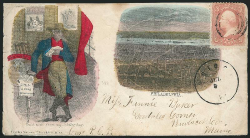 3c Rose (65).> Target cancel (not tied), partly readable circular datestamp on cover to Goodales Corner Maine, with <Magnus multicolored two-panel Good News from My Soldier Boy and Philadelphia design,> right
side of stamp with small faults and m