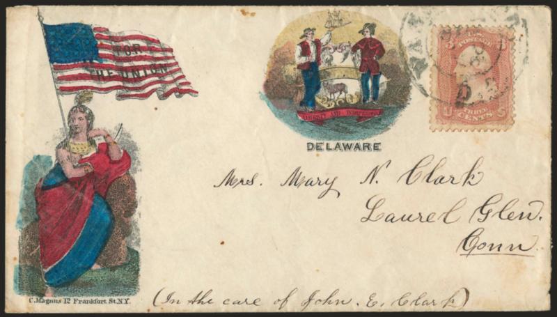 3c Rose (65).> Tied by Washington D.C. Oct. 30 double-circle datestamp on <Magnus multicolored two-panel For the Union, Delaware Patriotic> cover to Laurel Glenn Conn., some soiling, otherwise Very Fine
