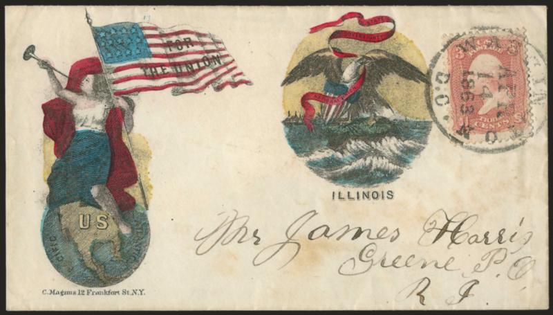 3c Rose (65).> Tied by well-struck Washington D.C. Apr. 14, 1863 circular datestamp on <Magnus multicolored two-panel For the Union, Illinois Patriotic> cover to Greene R.I., barely reduced at left, some slight
soiling, Very Fine, attractive desi