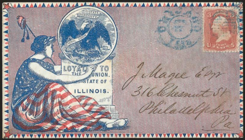3c Rose (65).> Tied by blue Chicago Ills. ?? double-circle datestamp on red and blue overall <Loyal to the Union, State of Illinois Patriotic> cover to publisher J. Magee in Philadelphia, fresh and Very
Fine