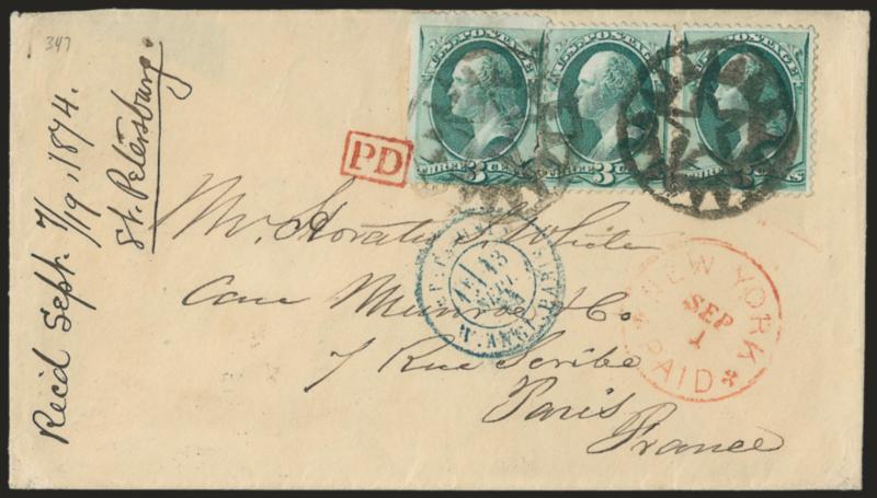 3c Green (158).> Three, left stamp s.e. at left, tied by two bold strikes of New York Foreign Mail Star> cancel (Ty. ST-MP4), red New York Paid Sep. 1 circular datestamp on 1874 cover <to Paris, France,> blue
Paris circular datestamp, red boxed PD