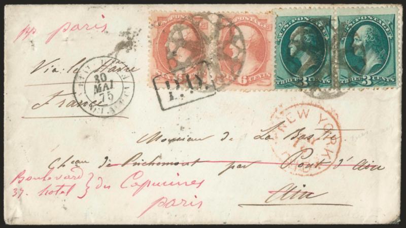 3c Green, 6c Dull Pink (158, 159).> Horizontal pairs of each, tied by <New York Foreign Mail Geometric> cancel (Ty. GE-EP3), red New York Paid May 18 circular datestamp on 1875 cover <to Ain, France and
forwarded to Paris,> 6c also tied by boxed P