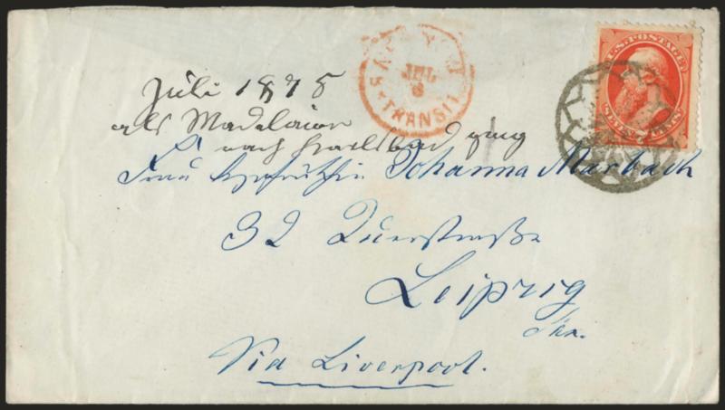 7c Orange Vermilion (160).> Radiant color, tied by well-struck <New York Foreign Mail Geometric> cancel (Ty. GE-EP3), red New York Br. Transit Jul. 6 circular datestamp on 1875 cover <to Leipzig, Germany,>
receiving backstamp, missing top flap, som