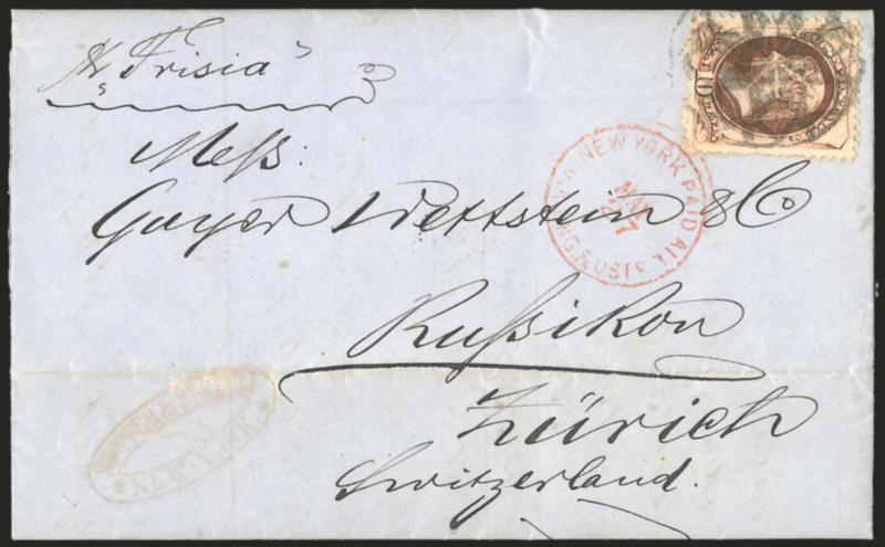 10c Brown (161).> Choice centering, few short perfs, tied by neat strike of <New York Foreign Mail Geometric> cancel (Ty. GE-EP3) and red New York Paid All Via Eng. & Ostd. circular datestamp on blue 1875
folded letter <to Zurich, Switzerland,> lig