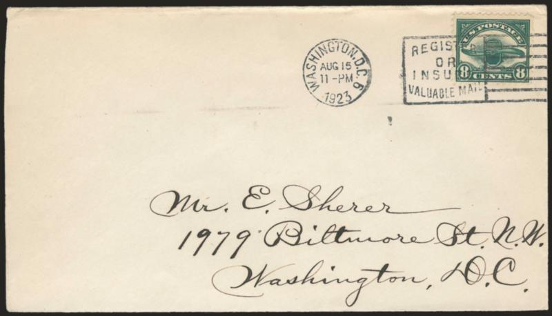 8c Dark Green, 1923 Air Post (C4).> On cover tied by Washington, D.C. Aug. 15, 1923 First Day slogan machine cancel, also another C4 (natural s.e.) on Dec. 15, 1925 Sacramento Cal. Airfield flight cover with
Roessler corner card, Fine-Very Fine