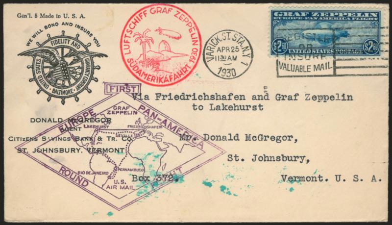 65c-$2.60 Graf Zeppelin (C13-C15).> Five cacheted covers, incl. one with pair of 65c, two with $1.30 and two with $2.60, all used between April and June 1930, three with Friedrichschafen backstamps, Fine-Very
Fine group