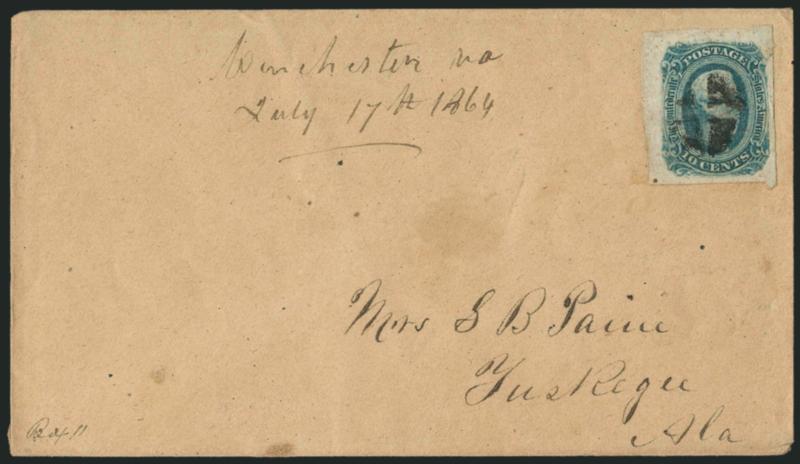 10c Blue, Die B (12).> Large to huge margins, beautiful deep shade and proof-like impression, cancelled by <Small Quartered Cork with manuscript Winchester Va. July 17th 1864 Army of the Valley District
postmark> on manila homemade cover to Tuskege