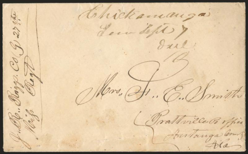 Chickamauga Tenn. Sept. 7.> Manuscript <army field office postmark> with matching Due 10 on cover to Prattville Ala., soldiers endorsement from member of Co. G, 27th Miss. Regt., cover fold at bottom right,
Very Fine, ex Boshwit
