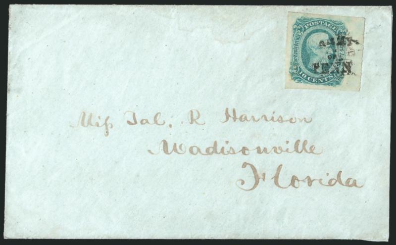 10c Greenish Blue, Die B (12c).> Huge margins incl. <right sheet margin,> cancelled by exceptionally clear strike of <^ARMYOFTENN^> three-line field post handstamp on light blue cover to Madisonville Fla., with
original enclosure datelined <<Atl