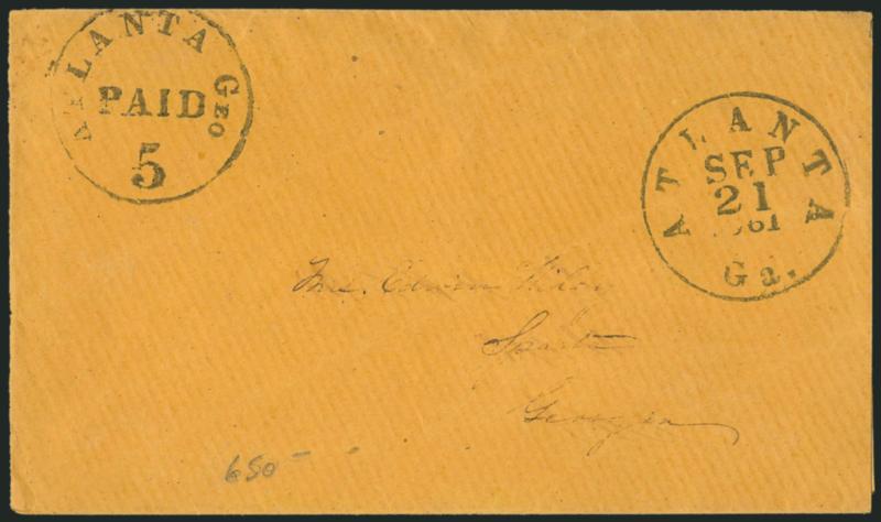 Atlanta Ga., 5c Black entire (6XU2).> Clear strike, with Atlanta Ga. Sep. 21, 1861 circular datestamp on orange cover to Sparta Ga., Very Fine