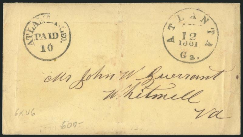 Atlanta Ga., 10c Black entire (6XU6).> Clear strike, with Atlanta Ga. Aug. 12, 1861 circular datestamp on yellow cover to Whitmell Va., some soiling and wear, Very Fine
