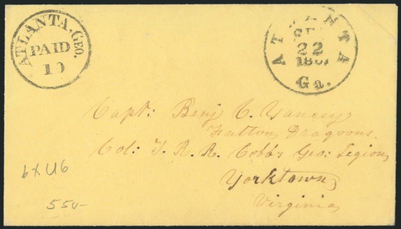 Atlanta Ga., 10c Black entire (6XU6).> Clear strike, used with Atlanta Ga. Sep. 22, 1861 circular datestamp on yellow cover to Yorktown Va., small repair at top right corner, top flap added, still Very Fine
strike