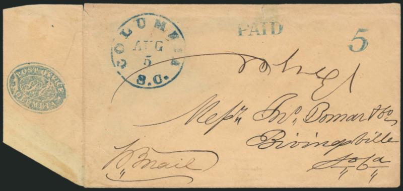 Columbia S.C., 5c Blue entire, Seal on Back (18XU4a).> Clear strike of seal with blue Columbia S.C. Aug. 5 circular datestamp with matching Paid and 5 handstamps, small tear at top, , still Very
Fine