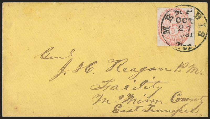 Memphis Tenn., 5c Red (56X2).> Huge margins to just touched, tied by well-struck Memphis Ten. Oct. 27, 1861 circular datestamp on yellow cover to Facility Tenn., Very Fine usage, with 2009 C.S.A.
certificate