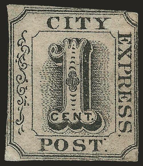 Adams City Express Post, New York N.Y., 1c Black, Gray (2L3).> Just touched to clear margins, two tiny thin spots, still Fine and rare, unpriced in Scott