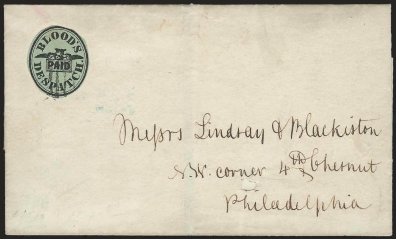 Bloods City Despatch, Philadelphia Pa., (unstated value) Black on Pale Green (15L11).> Cut to shape, margins clear to just in, tied by grid on folded cover to local address, cover with small hole at center,
Fine
